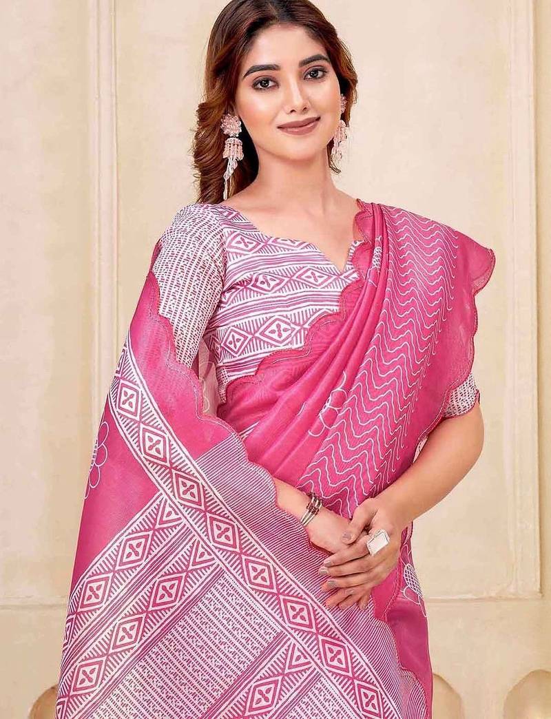 Pink floral printed silk cotton saree with blouse