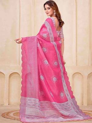 Pink floral printed silk cotton saree with blouse 3