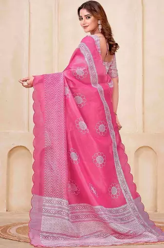 Pink floral printed silk cotton saree with blouse