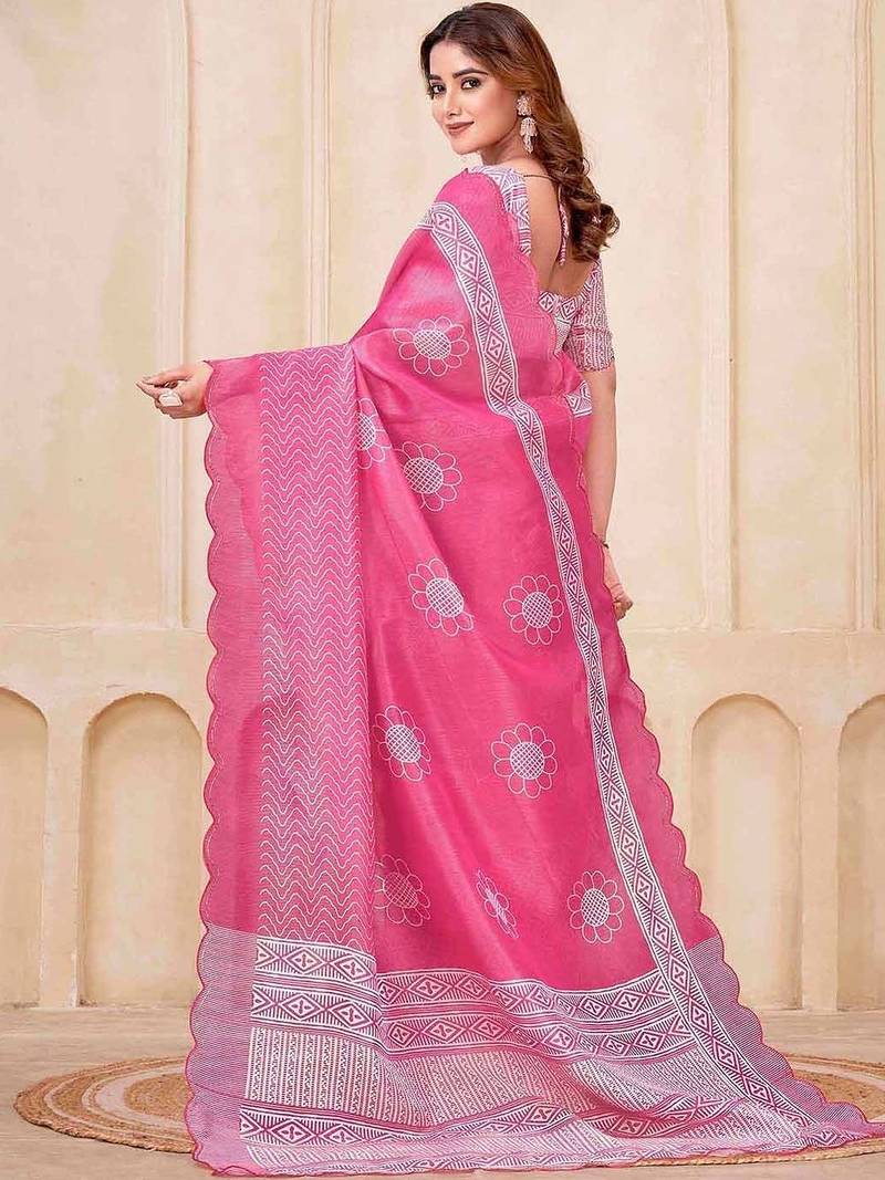Pink floral printed silk cotton saree with blouse