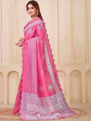 Pink floral printed silk cotton saree with blouse 4