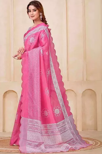 Pink floral printed silk cotton saree with blouse