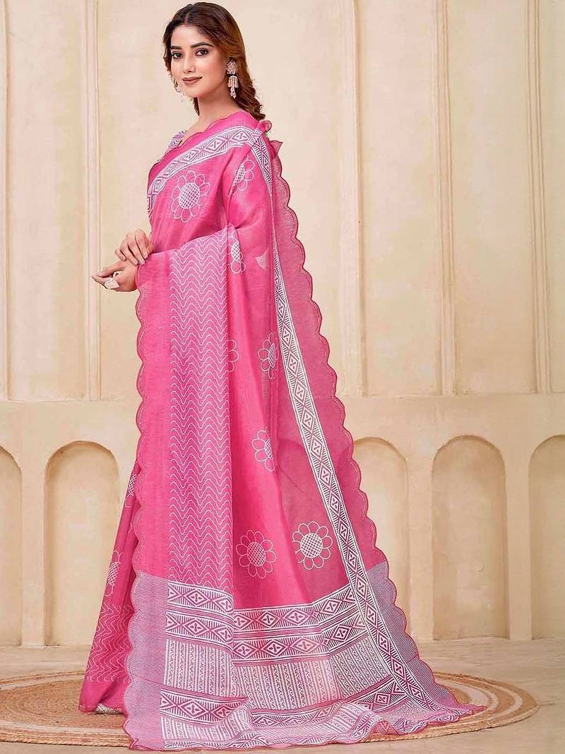 Pink floral printed silk cotton saree with blouse