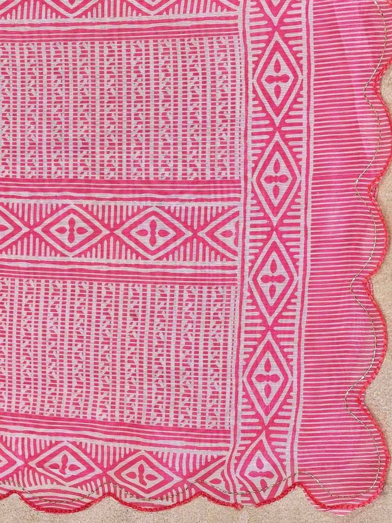 Pink floral printed silk cotton saree with blouse
