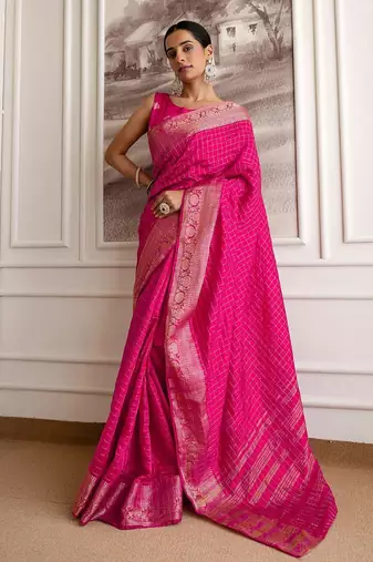 Pink checked woven design zari saree