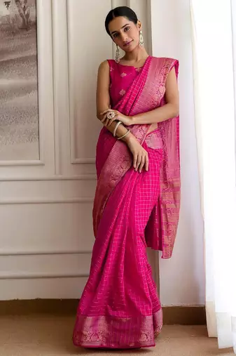 Pink checked woven design zari saree