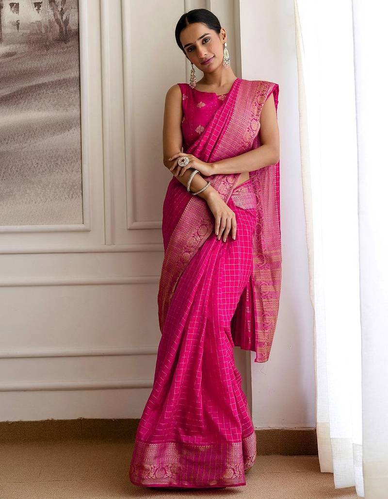 Pink checked woven design zari saree