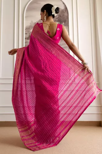 Pink checked woven design zari saree