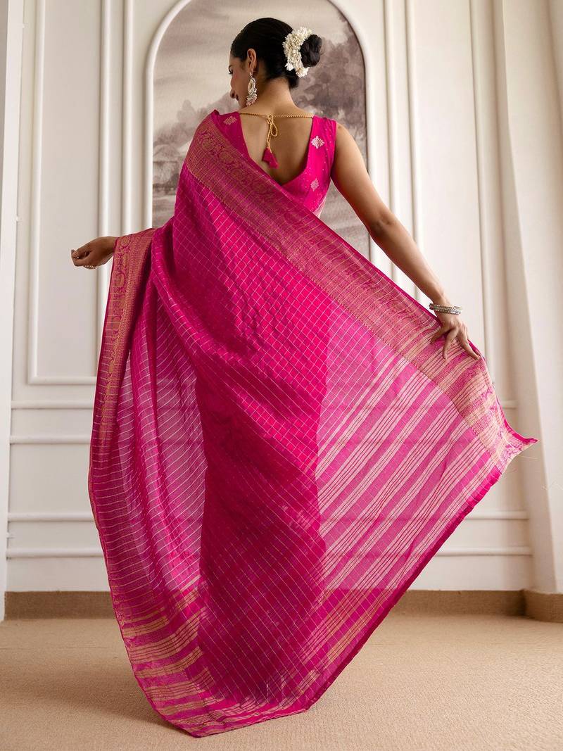 Pink checked woven design zari saree