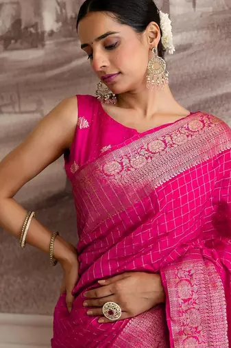 Pink checked woven design zari saree