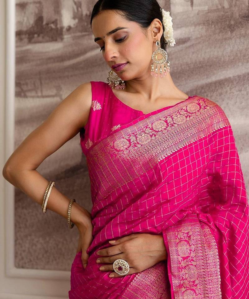 Pink checked woven design zari saree