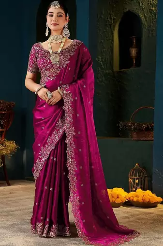 Pink embellished embroidered tissue saree with designer blouse