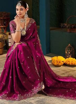 Pink embellished embroidered tissue saree with designer blouse 2