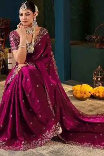 Pink embellished embroidered tissue saree with designer blouse