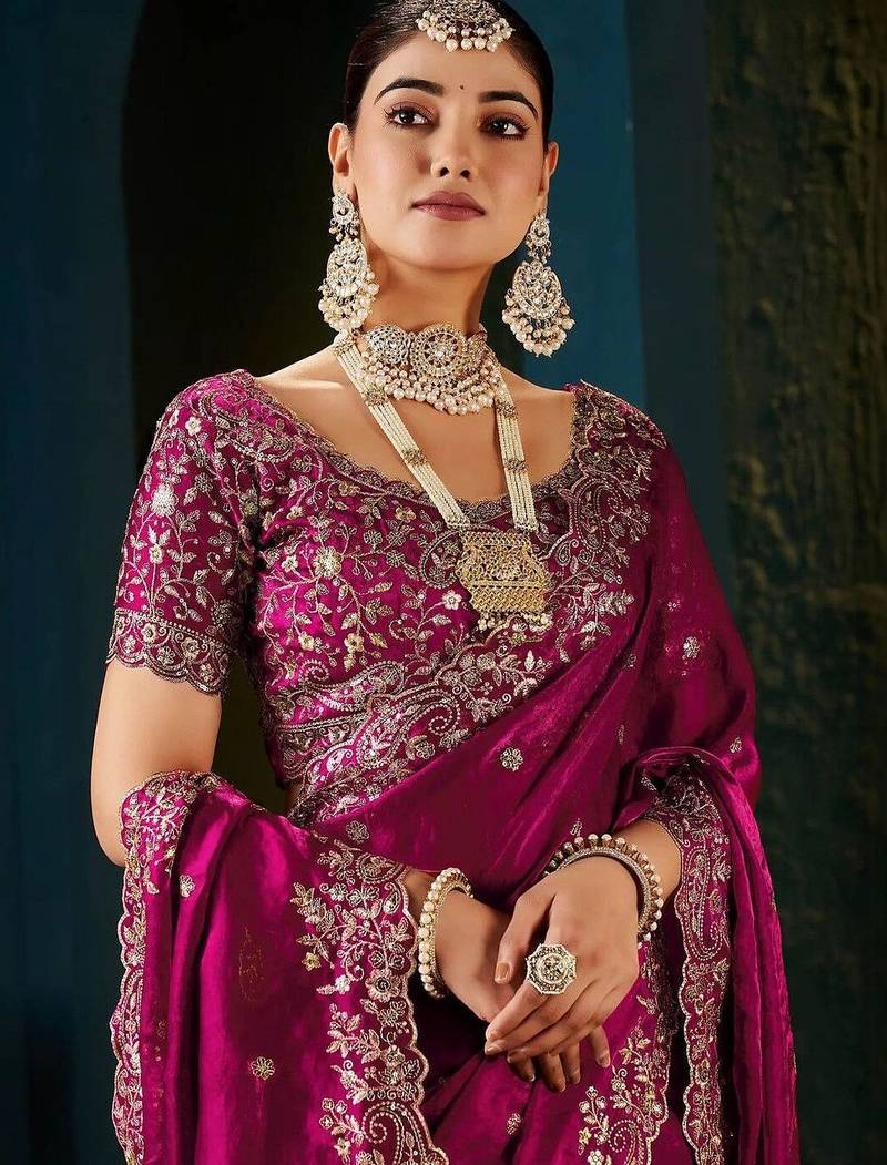 Pink embellished embroidered tissue saree with designer blouse