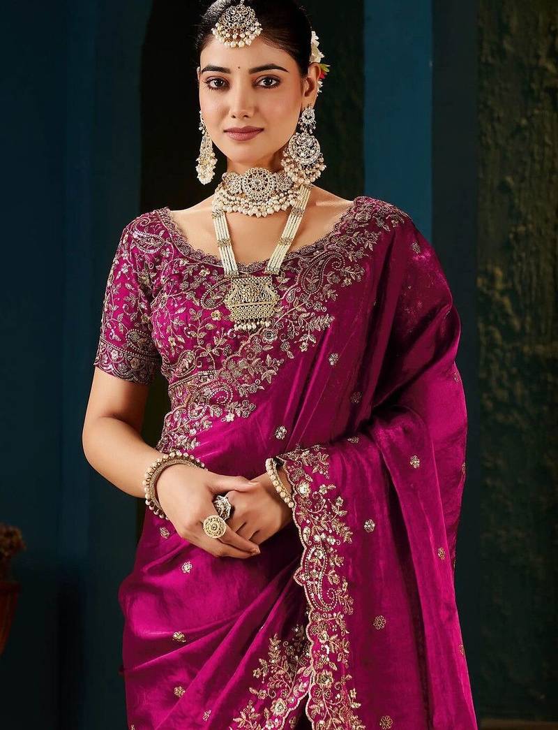 Pink embellished embroidered tissue saree with designer blouse