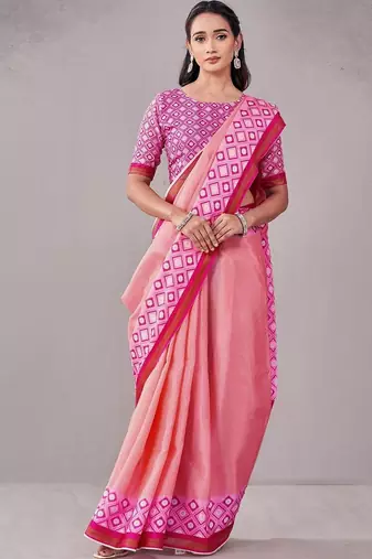 Pink geometric printed saree with blouse piece