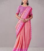 Pink geometric printed saree with blouse piece