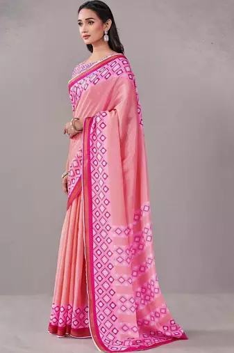 Pink geometric printed saree with blouse piece