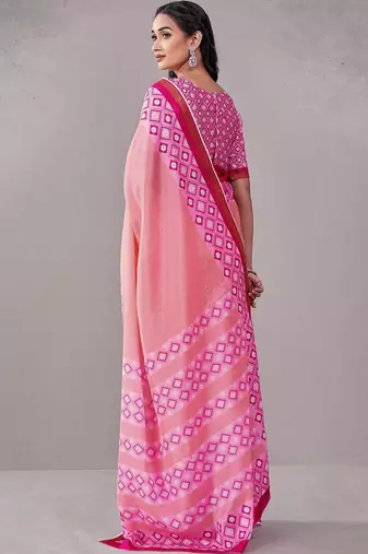 Pink geometric printed saree with blouse piece