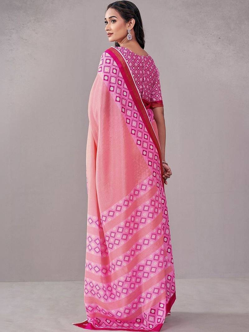 Pink geometric printed saree with blouse piece