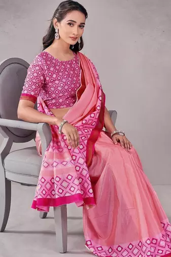 Pink geometric printed saree with blouse piece