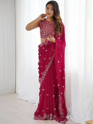Pink embellished zari  chiffon heavy work saree 1