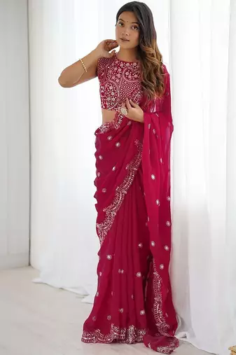 Pink embellished zari  chiffon heavy work saree