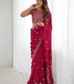 Pink embellished zari  chiffon heavy work saree