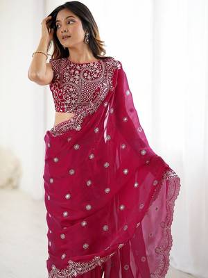 Pink embellished zari  chiffon heavy work saree 2