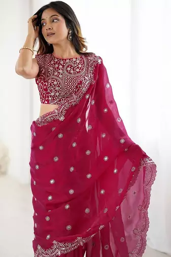 Pink embellished zari  chiffon heavy work saree