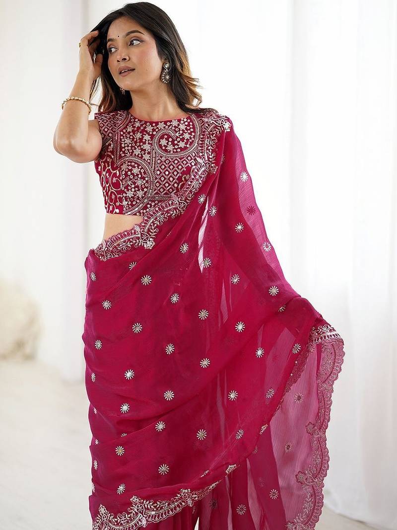 Pink embellished zari  chiffon heavy work saree