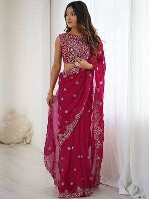 Pink embellished zari  chiffon heavy work saree 4