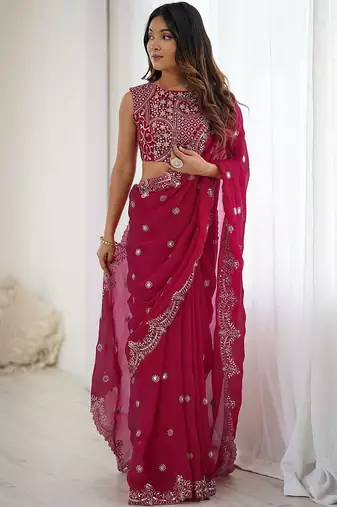 Pink embellished zari  chiffon heavy work saree