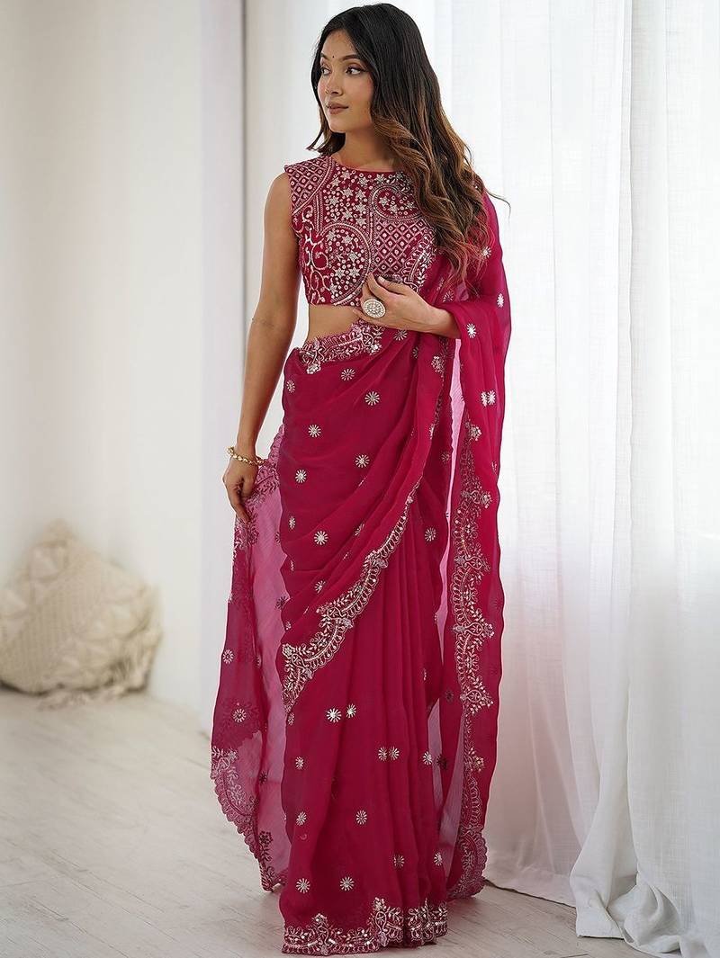 Pink embellished zari  chiffon heavy work saree