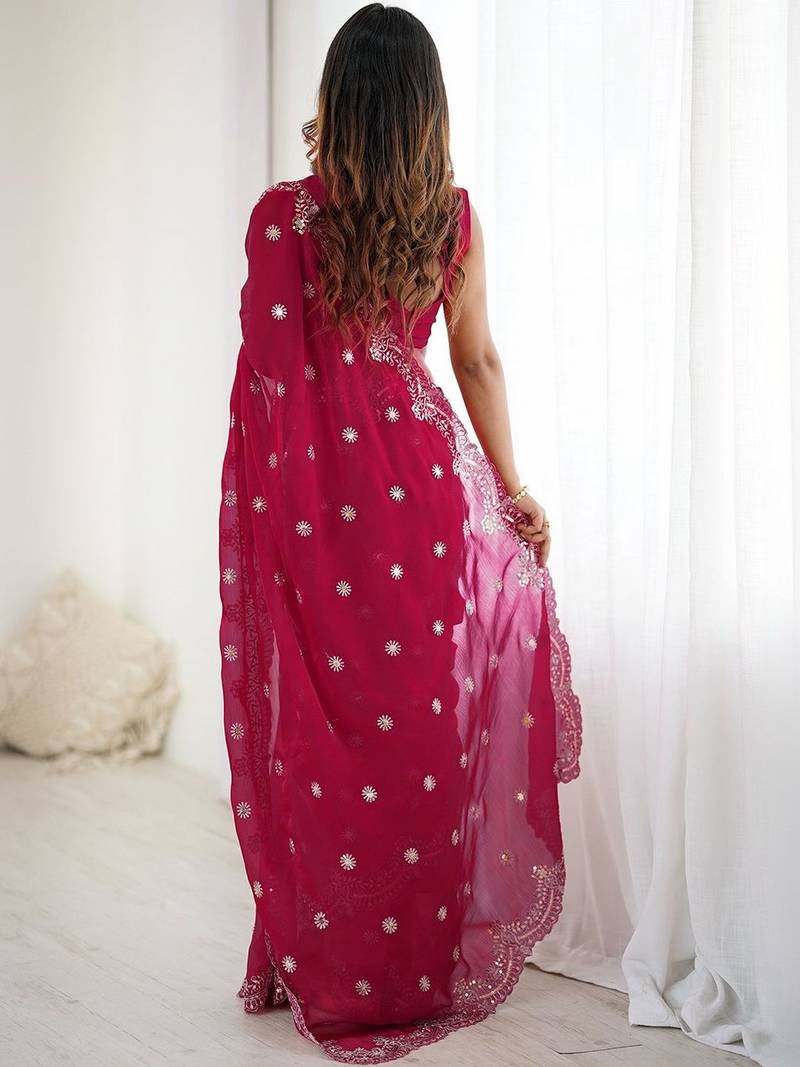 Pink embellished zari  chiffon heavy work saree