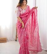 Pink floral embellished sequinned tissue saree