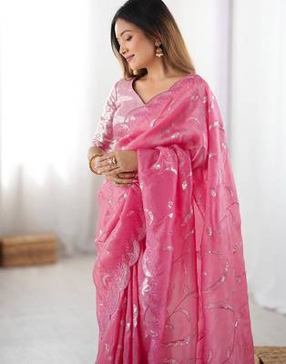 Pink floral embellished sequinned tissue saree 5