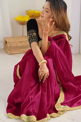 Pink sequinned supernet saree