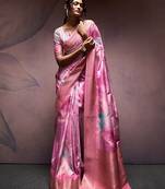 Pink woven design zari art silk banarasi saree
