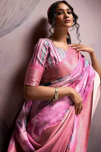 Pink woven design zari art silk banarasi saree