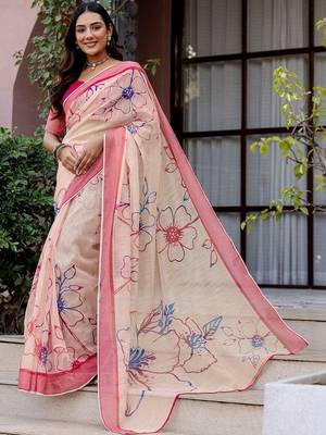 Peach floral printed ready to wear saree with blouse 1