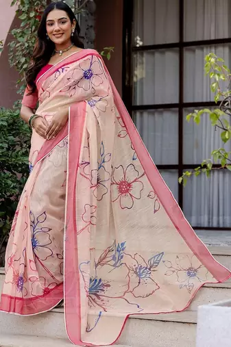Peach floral printed ready to wear saree with blouse