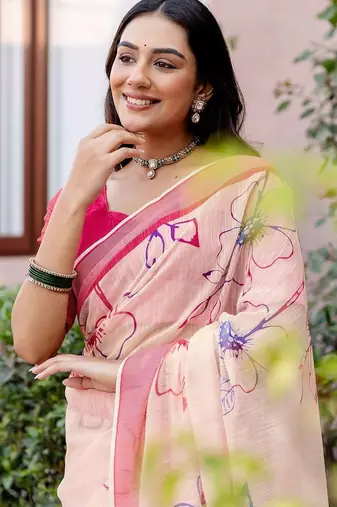 Peach floral printed ready to wear saree with blouse