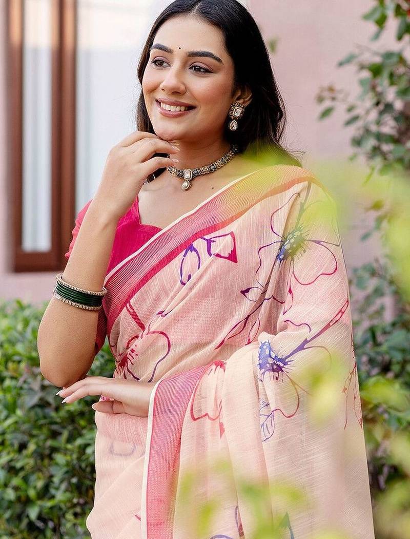Peach floral printed ready to wear saree with blouse