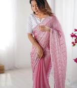 Pink striped embroidered  chiffon saree