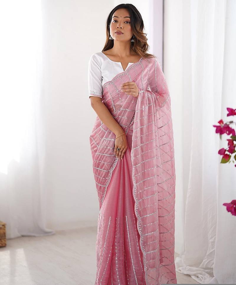 Pink striped embroidered  chiffon saree