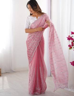 Pink striped embroidered  chiffon saree 3