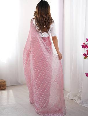 Pink striped embroidered  chiffon saree 5
