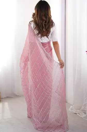 Pink striped embroidered  chiffon saree